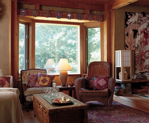 Laporte used the traditional Japanese method of bracing a timber frame with double beams, an important architectural feature in the living room. Caree says the open floor plan is ideal for entertaining.